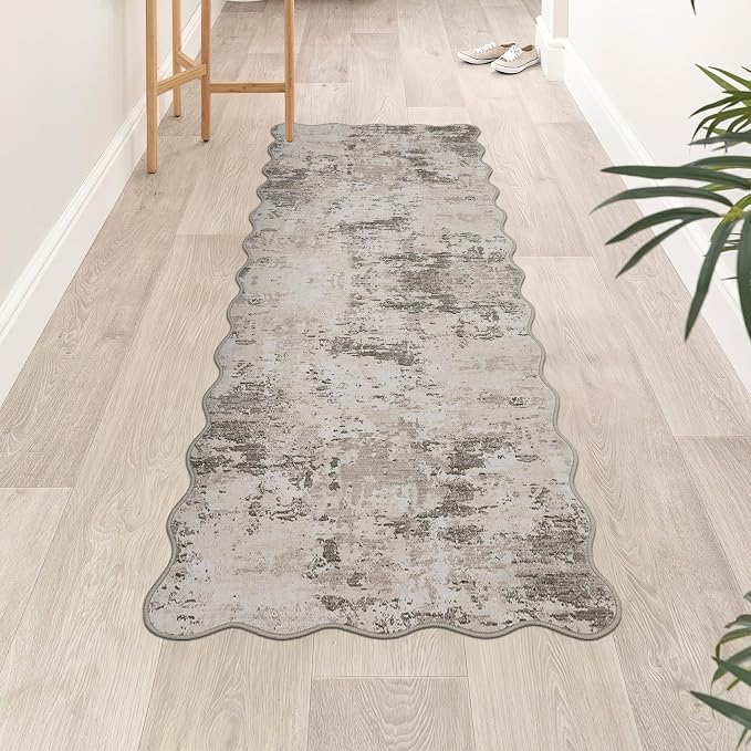 ROYHOME Modern Abstract 2x6 Scalloped Runner Rug Washable Non Slip Stain Resistant Rug for Hallway Kitchen Bedroom Non Shedding Low Pile Indoor Floor Cover, Brown Grey
