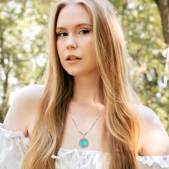 Tree of Life Necklace for Women Sterling Silver Celtic Moon Tree Moonstone Turquoise Pendant Heart Family Tree Necklace for Mother Daughter Sister Gifts