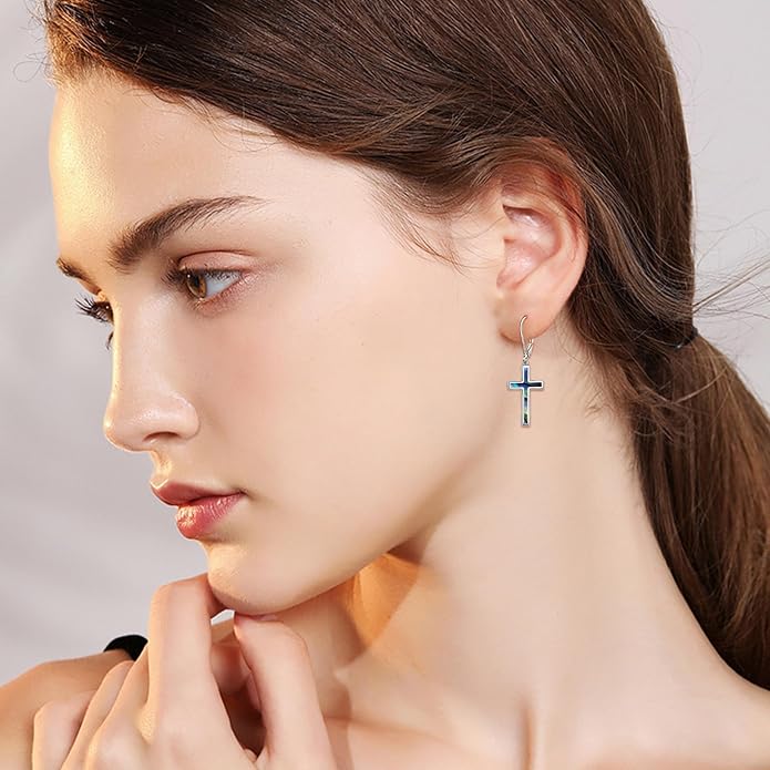 ONEFINITY Cross Earrings 925 Sterling Silver Leverback Cross Dangle Drop Earring Cross Religion Jewelry for Women Men