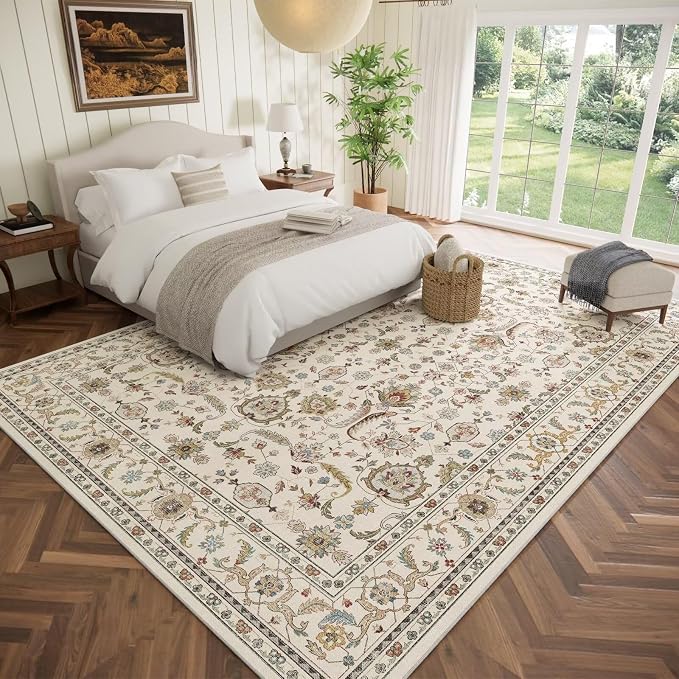 Boho Washable 9x12 Area Rugs for Living Room, Cushioned, Beige | Vintage Non-slip Neutral Oriental Rugs for Bedroom Dining Room Nursery Office High Traffic Area