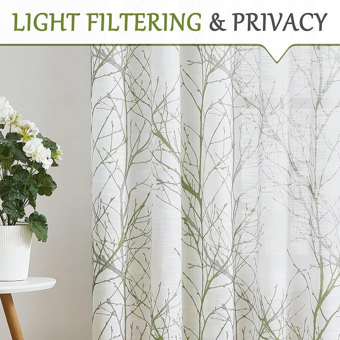 FMFUNCTEX Linen Sage Green White Semi Sheer Print Curtains 54 Inch 2 Panels | Short Sheer Branch Patterned Drapes, Light Filtering Grommet Panels for Kitchen, Bathroom, Cafe Windows and Farmhouse Curtain