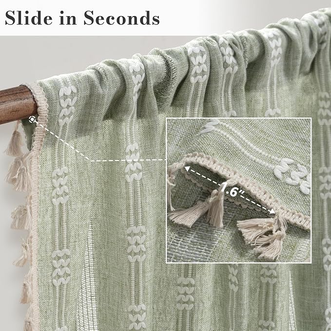ColorBird Sage Green Boho Curtains Linen-Textured for Living Room Light Filtering Farmhouse Whimsical Decor Drapes Embroidered Striped 63 Inch Length for Dining Room Bedroom Window Treatments
