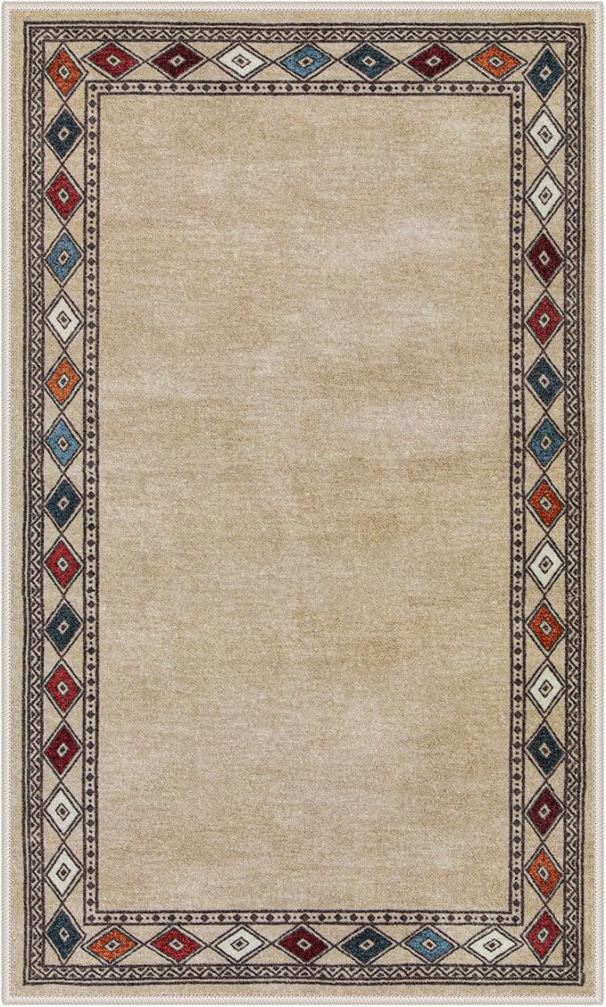 Lahome Modern Bordered Machine Washable Rug, Ultra-Thin Soft 3x5 Rugs for Entryway Bedroom, Non-Slip Stain Resistant Small Carpet for Laundry Entry (3'x 5',Beige)