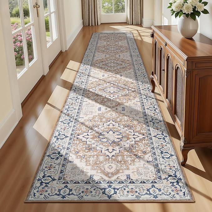 Lofus 2x10 Hallway Washable Runner Rug, Vintage Kitchen Runners Non Slip, Entryway Rugs for Bathroom Bedroom Living Room Laundry Room Floor Mat, Boho Entry Long Carpet, Floral Brown
