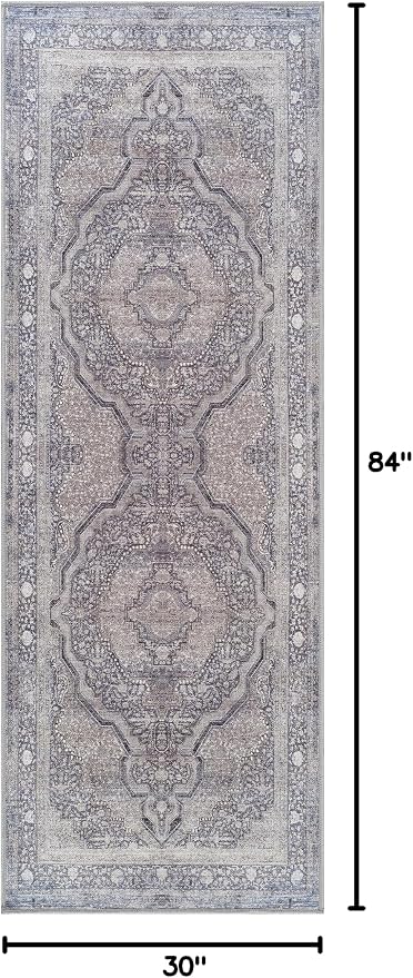 Bloom Rugs Washable Non-Slip 7 ft Runner - Blue/Steel Gray/Beige Traditional Medallion Runner for Entryway, Hallway, Bathroom, and Kitchen - Exact Size: 2.5' x 7'