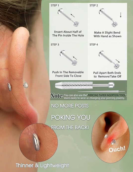 GEMQUEEN 8 PCS Moissanite ＆ Implant Grade G23 Titanium Nose Studs Flat Back Earrings Hypoallergenic : 14K Gold Plated Nose Rings 20G Push in Threadless Cartilage Helix Piercing Jewelry for Women Men