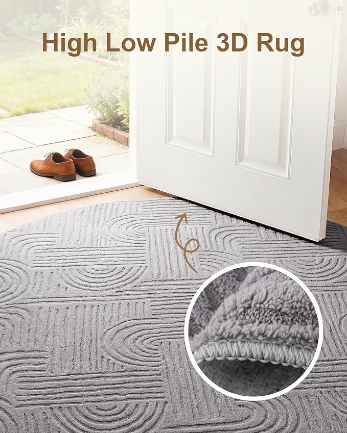 Carvapet 5.2' Round Rug Grey Washable High Low Pile Area Rug Soft Plush Carpet for Living Room Bedroom Non Slip Indoor Floor Rug for Home Kids Nursery Decor