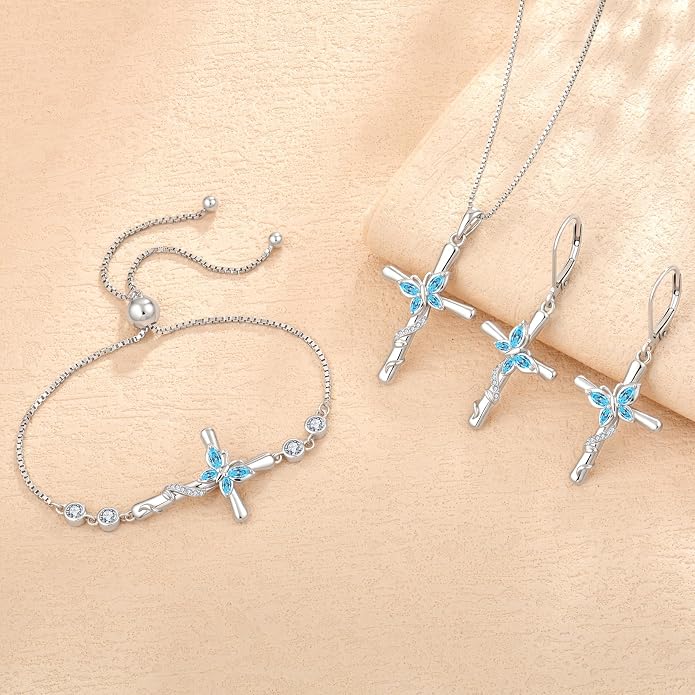 Cross Necklace for Women 925 Sterling Silver Butterfly Necklace Birthstone Pendant Created Gemstone Jewelry Gifts for Women