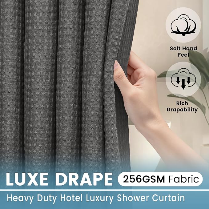 EUTXL Heavyweight Charcoal Grey Long No Hook Shower Curtain with Snap in Liner,256GSM Waffle Weave Shower Curtains for Bathroom,71W x 86H