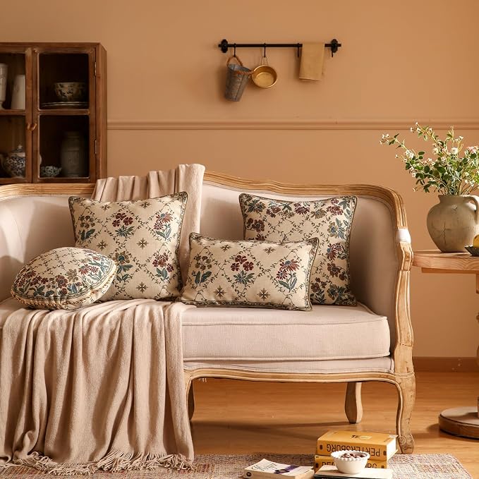 patdrea French Vintage Linen Throw Pillow Cover,Set of 4-Audrey | Decorative Pillow Case with Zipper,Brown Floral Pattern,Pillow Cover for Couch Living Room Bedroom Sofa