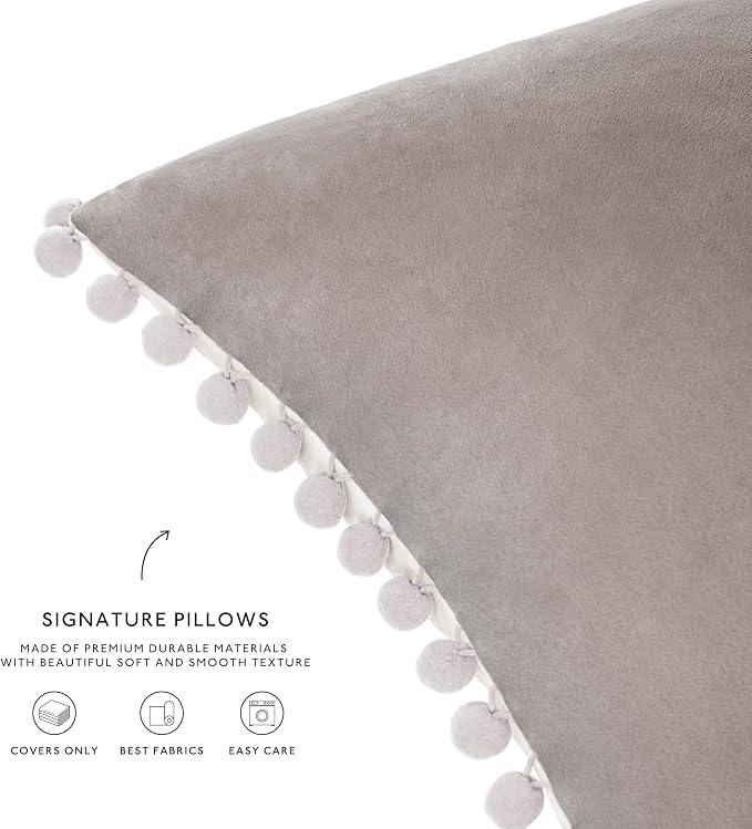 MONDAY MOOSE Decorative Throw Pillow Covers Cushion Cases, Set of 4 Soft Velvet Pom Poms Double-Sided Designs, Pillow Inserts Not Included (16x16 inch, Stone Gray/Beige Cream)