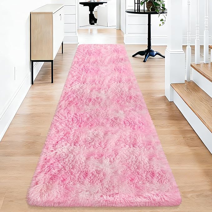 Soft Plush Pink Fluffy Rug 2x10 Ft, Fuzzy Shag Runner Carpet for Girls Bedroom, Bedside, Living Room, Hallway, Kids Room, Nursery, Kawaii Home Decor