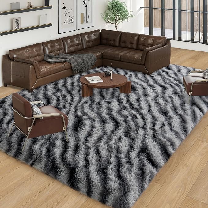 Dssimo Zebra Area Rug for Living Room, 6x9 Fluffy Large Rugs for Bedroom | Shaggy Fuzzy Upgrade Non-Slip Zebra Print Rug for Nursery Kids Room Dorm Room Home Decor, Indoor Plush Floor Carpet
