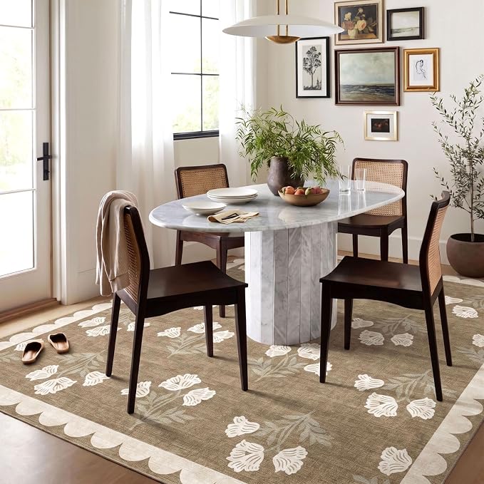Tan Square Rug 5ft - Soft Washable Boho Farmhouse Bedroom Rug Non Slip 5x5 Stain Resistant Cottage Neutral Scalloped Area Rugs for Living Room Entryway Kitchen Dining Room Bathroom Nursery