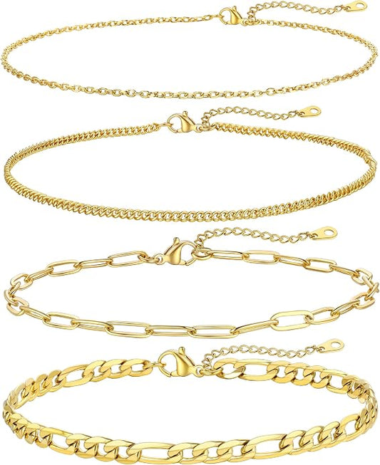 FOCALOOK Anklet Bracelets Set for Women, 14K Gold Plated Waterproof Cuban Link Chain Layered Anklets Set for Plus Size Ankle 8-10.5 Inch Adjustable Summer Beach Jewelry Gift