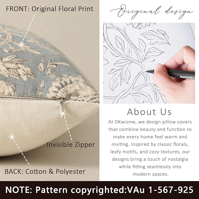 Vintage Floral Print Throw Pillow Covers 22x22 Set of 2 Neutral Modern Farmhouse Pillowcases Accent Decorative Cushion Covers Boho Home Decor for Couch Sofa Chair Bed Living Room, Sky Blue