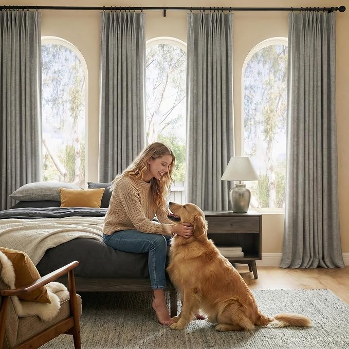 NICETOWN Stone Grey Pinch Pleated 395GSM Linen Curtains 84" Long - Elegant Room Darkening Drapes for Patio Sliding Door, Double-Sided Thermal Insulated Textured Panels, 40" Wide, 2 Panels