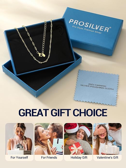 PROSILVER 925 Sterling Silver Paperclip Chain Necklace for Women Jewelry, with Gold/Rose Gold Plated, W: 1.7mm/3.3mm, L: 14"/16"/18"/20"/22"/24", Adjustable, Come with Box