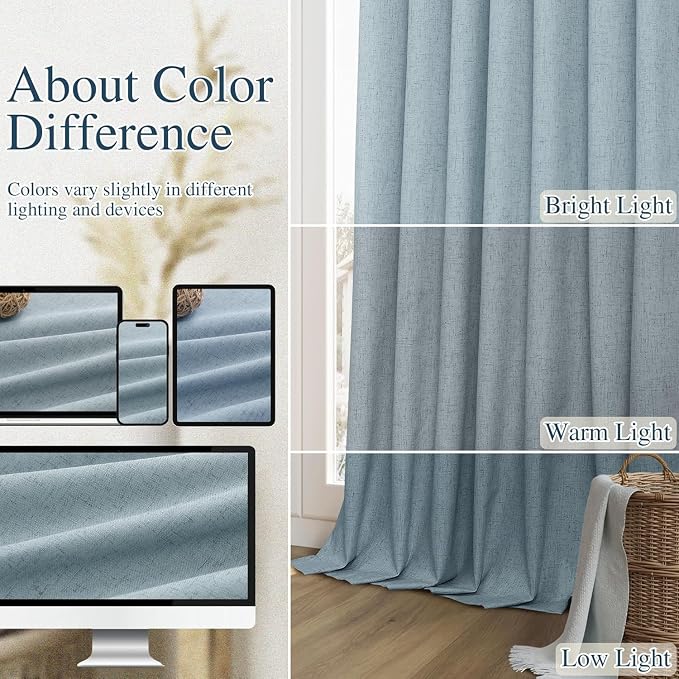 Guken Blue 100% Blackout Curtains 105 Inch Length 2 Panels Set for Living Room Bedroom Back Tab Thermal Insulated Black Out Linen Drapes Room Darkening Window Curtains Dusty Blue 52x105