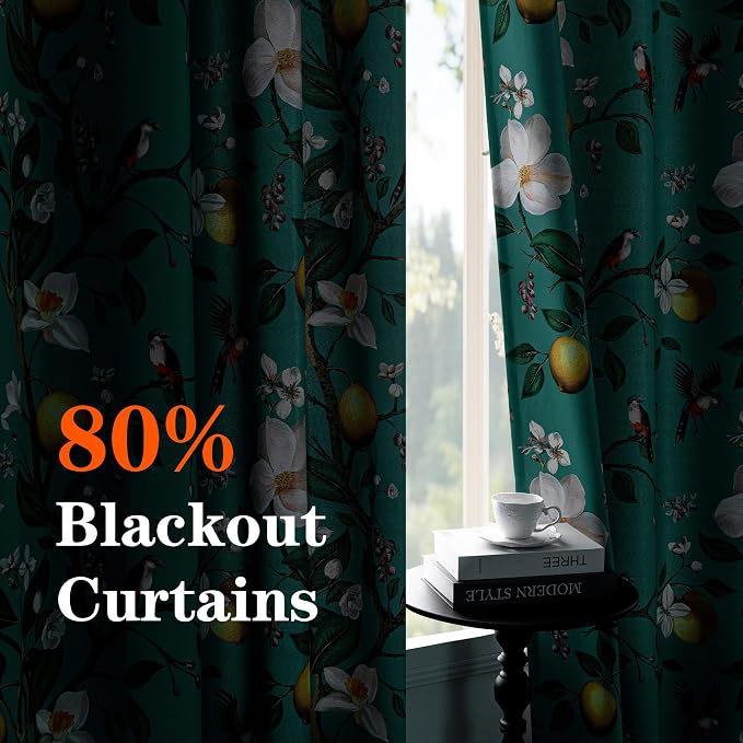 MYSKY HOME Floral Blackout Curtains 95 inches 2 Panels Set for Dining Room Vintage Mid Century Style Lemon Hummingbird Patterned Room Darkening Thermal Insulated Drapes Grommet, W52, 2 Pcs, Deep Green