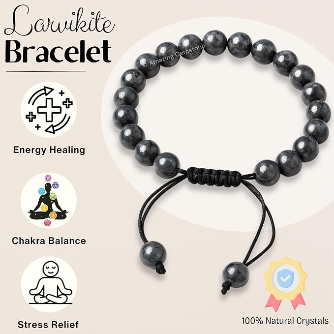Amazing Gemstone Larvikite Bracelet for Women Men's Gifts - Protection Healing Crystal Bracelet - 8mm Gemstones Beaded Adjustable Bracelet Pulseras para Hombres Mujer Stocking Stuffers
