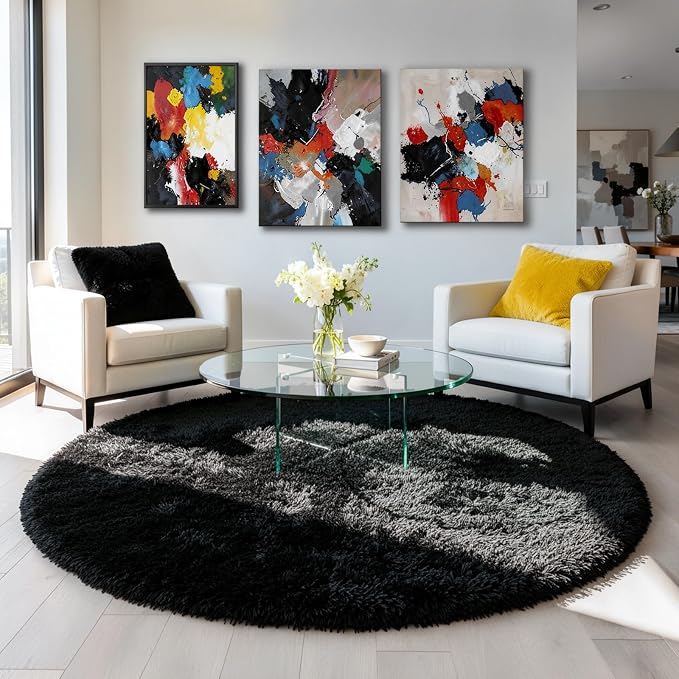 Black Round Rugs 5Ft for Bedroom Aesthetic, Fluffy Plush Circle Area Rugs for Living Room, Fuzzy Modern Cool Throw Carpet for Baby Kids Teen Boys Mens, Office Playroom Nursery Apartment Home Decor