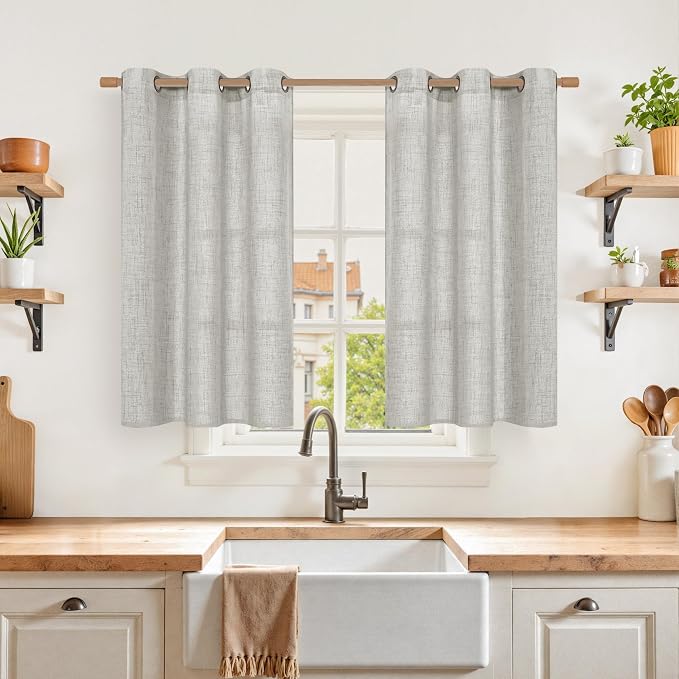 YoungsTex Light Grey Linen Curtains 40 Inch Length, Light Filtering Short Drapes with Bronze Grommet Privacy for Bathroom Kitchen Window, 42 x 40 Inch, 2 Panels