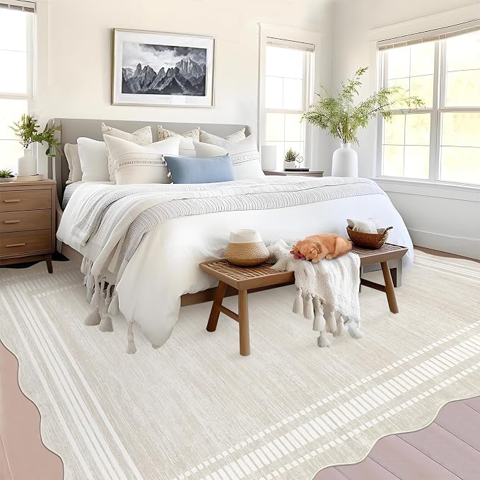 Garvee Scalloped Modern Abstract Rug 5x7 Washable Rug for Bedroom, Non-Slip Non-Shedding Soft Living Room Rug, Minimalist Scalloped Low-Pile Throw Carpet for Dining Room Home Office, Beige | Rugs for Living Room, Non-Slip Soft Carpet for Bedroom, Scall...