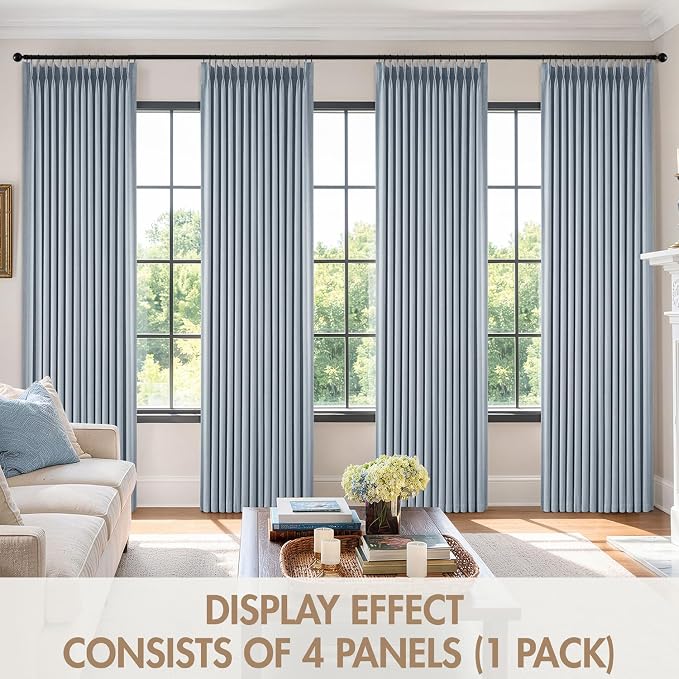MIULEE Pinch Pleated 100% Blackout Curtains 40"x90" Chambray Blue 4 Panels | Thick Linen, Memory Trained Pleat, Back Tab Double Layer Drapes, Thermal Insulated, Curtain for Bedroom Living Room Darkening
