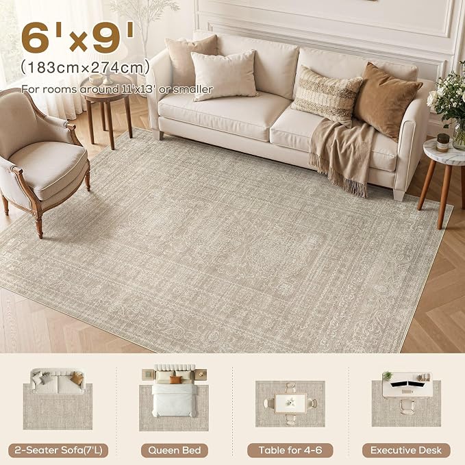 Nakagishi 6x9 Area Rugs Living Room: Washable Large Vintage Rug Neutral Non-Slip Soft Stain Resistant Indoor Carpet for Bedroom Nursery Dining Room Office Playroom - Brown