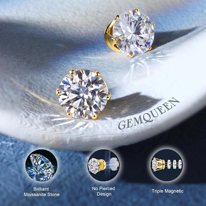GEMQUEEN Moissanite Magnetic Earrings for Men Women : 18K White Gold Plated Hypoallergenic Stainless Steel Non Piercing Clip on Fake Earrings Studs Dainty Moissanite Earring Jewelry D Color VVS1