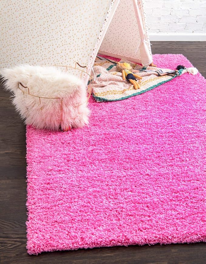 Unique Loom Solid Shag Collection Area Rug (8' x 10' Rectangle Taffy Pink) | Modern solid area rug for living room, bedroom & dining room. Stain-resistant, easy-care, kid & pet friendly