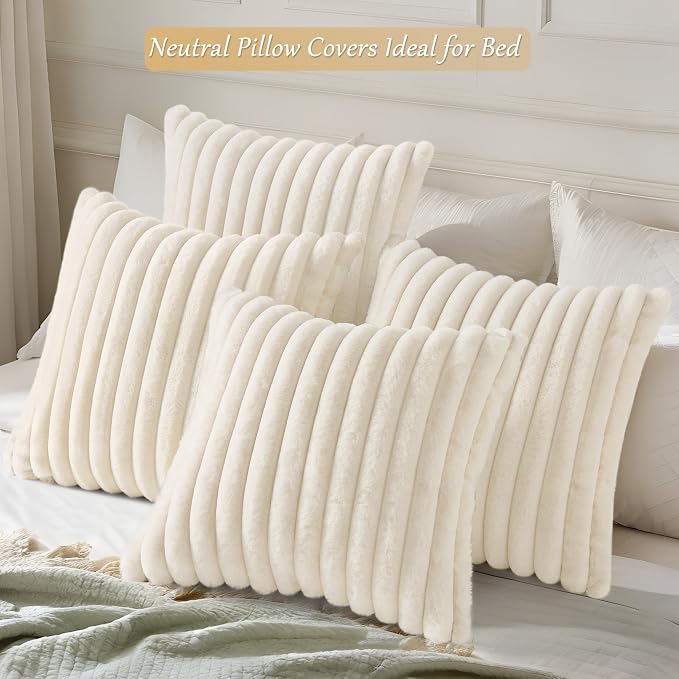 decorUhome Fall Faux Fur Throw Pillow Covers 18x18 Set of 4 Cream White | Decorative Modern Farmhouse Soft Cozy Striped Pillow Cases Velvet Back for Sofa Bed Living Room Classic Accent Home Decor