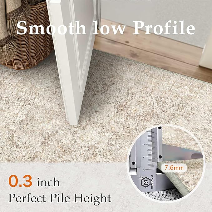 2x10 Beige Washable Runner Rug for Kitchen Hallway Neutral Soft Non Slip Rug Low Pile Vintage Distressed Carpet for Bathroom Bedroom Indoor Nursery