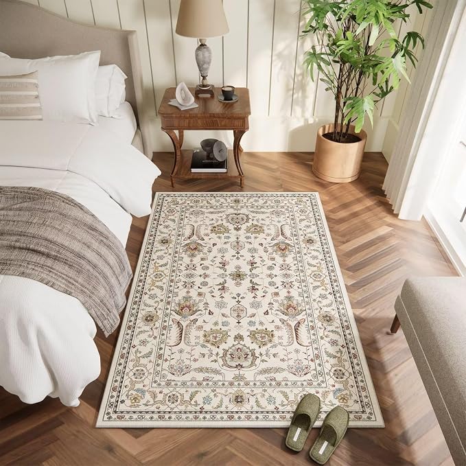 Washable 4x6 Rugs, Boho Vintage Non-Slip Distress Rugs, Beige | 0.3" Neutral Throw Rugs for Bedroom Kitchen Nursery Living Room, Cushioned Area Rug for High-traffic