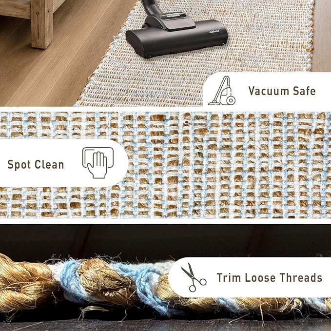 Chardin home 6x9 Jute Cotton Hand Woven Area Rug, Natural Jute Cream Blue Braided Boho Farmhouse Rug, Reversible Rustic Natural Fiber Carpet for Living Room Bedroom Dining Room