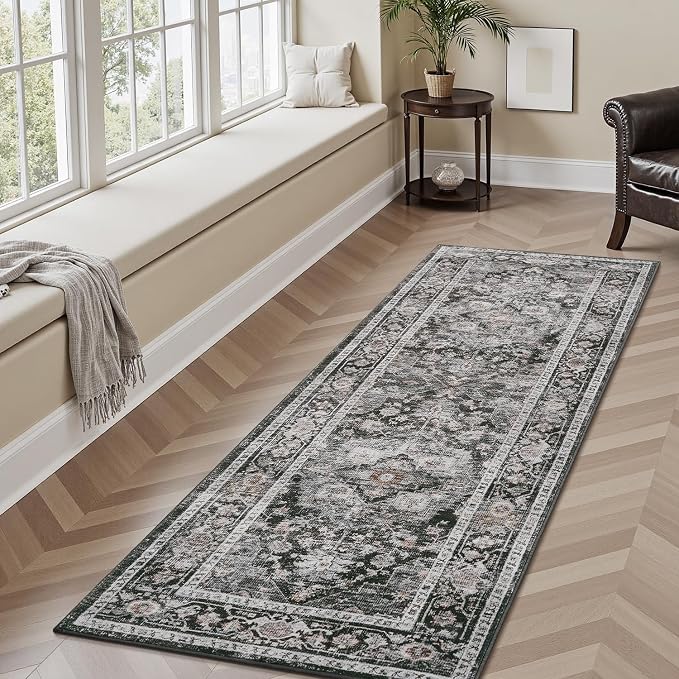 AMOAMI-2X6 Runner Rug-Washable Runners for Hallways-Soft Non Slip Bedside Rugs for Bedroom-Vintage Long Rug for Hallways Entryway Laundry Room Stair Kitchen Bathroom Dark Grey & Black