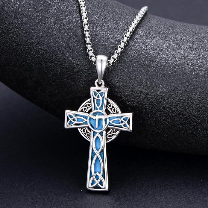 HPQQ Cross Necklace 925 Sterling Silver Turquoise Tree of Life Celtic Knot Cross Pendant Jewelry Mother's Day Gifts for Women
