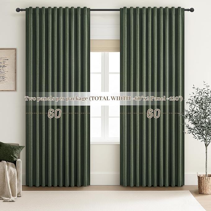 Dark Olive Green Curtains 60 Inch Length Extra Wide Pleated Black Out 84 Inch Long for Living Room, Linen Thick Sliding Glass Door Heavy Duty Insulated Large Window Drapes (60"Wx84"Lx 2Panels Loden)