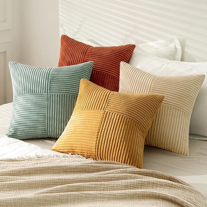 MIULEE Fall Teal-Orange Decorative Throw Pillow Covers 16x16 Inch Set of 4 Boho Corduroy Striped Cushion Cases Modern Farmhouse Patchwork Pillow Cases for Couch Sofa Bedroom Home Decor