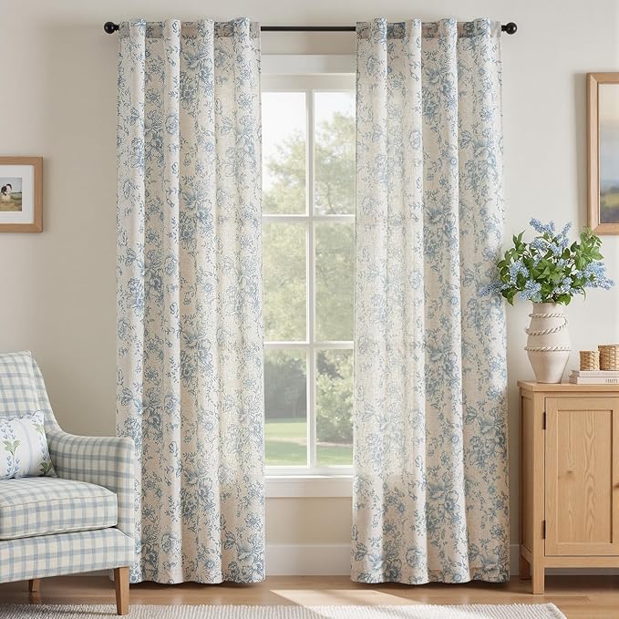 jinchan Blue Floral Linen Curtains 84 Inch Farmhouse Back Tab 2 Panels | Light filtering drapes, semi sheer, farmhouse, cottagecore, rustic, living room, bedroom, rod pocket, window treatment