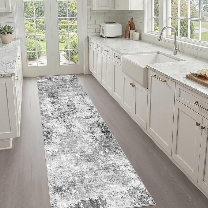 Runner Rug Non-Slip Kitchen Rug: 3x10 Washable Abstract Modern Soft Stain Resistant Indoor Floor Neutral Accent Throw Carpet for Hallway Bathroom Laundry Room Bedroom Entryway- Black Gray