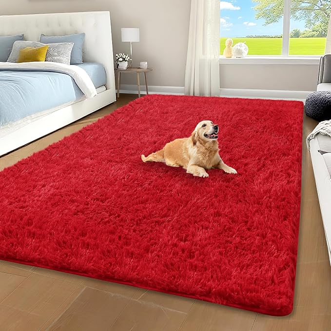 Red Fluffy Shag Area Rug for Bedroom Living Room Girls Kids, 4x6 | Ultra Soft Comfy, Fuzzy Shaggy Plush Carpet for Nursery, Modern Indoor Home Decor, Upgrade Non-Slip