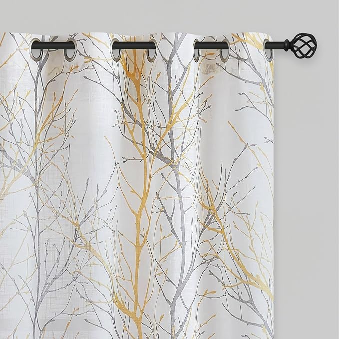 FMFUNCTEX Linen Yellow White Semi Sheer Print Curtains 54 Inch 2 Panels | Short Sheer Branch Patterned Drapes, Light Filtering Grommet Panels for Kitchen, Bathroom, Cafe Windows and Farmhouse Curtain