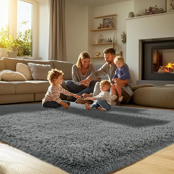 Shag Rugs for Living Room 9x12: 9x12 Shag Area Rugs for Living Room- Large Soft Grey Rugs for Bedroom- Fuzzy Plush Modern Carpets for Kids Room (Grey