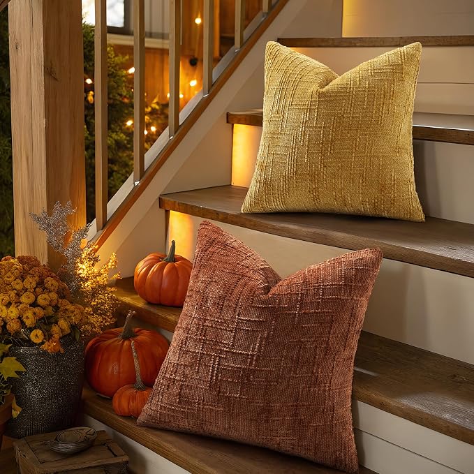 decorUhome Textured Chenille Throw Pillow Covers 24x24 Set of 2 Rust | Fall Modern Farmhouse Soft Cozy Slubby Couch Pillow Cases Boho Decorative Pillow Cases for Bed Sofa Living Room Home Decor
