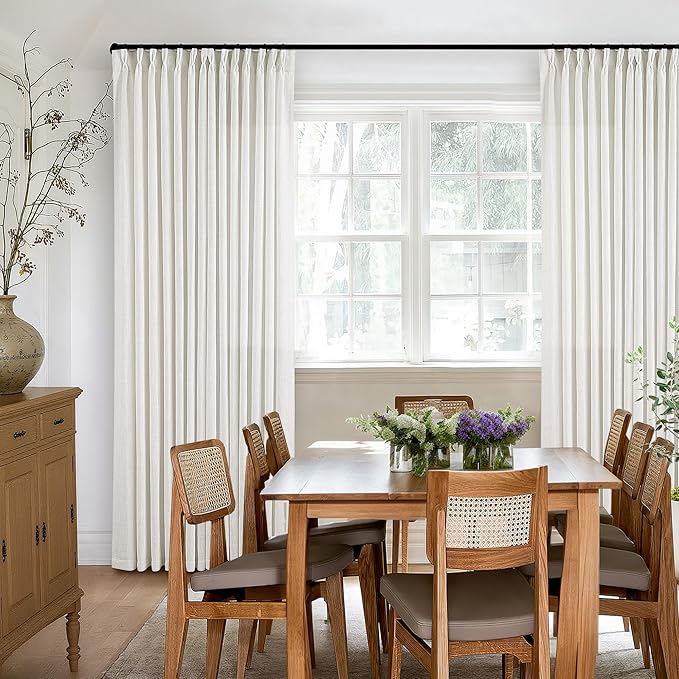 Pinch Pleated Linen Curtains 98 Inches Long for Living Room Bedroom Light Filtering Boho Window Drape 98 inch 2 Panels with Hooks Rings Cream Beige White Sliding Glass Door Semi Sheer Curtain