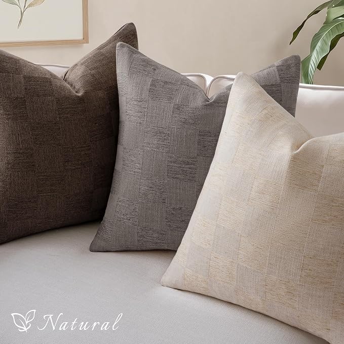 a moment Set of 2 Decorative Linen Throw Pillow Covers,Large Grid Textured Neutral Boho Farmhouse Cushion Covers,Soft Aesthetic Pillowcases for Couch Sofa Living Room Home Decor,18x18 Inch,Dark Brown