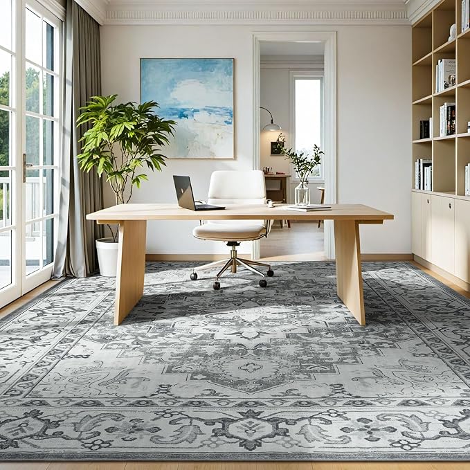 Lessymo Area Rugs 10 x 14 for Living Room, Washable Large Area Rugs Boho Faux Wool Low Pile Area Rug for Bedroom, Floral Medallion Vintage Rugs with Non-Slip Rubber, Kid & Pet Friendly,Grey Beige