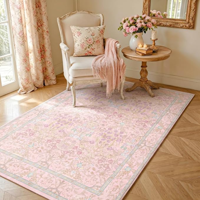 Boho Light Pink Bedside 3x5 Washable Rug for Bedroom, Thin Botanical Vintage Area Rug for Large Entry, Dorm, Kitchen, Foyer, Mudroom, Laundry - Cottage Core Low Pile Non Slip Indoor Front Door Carpet